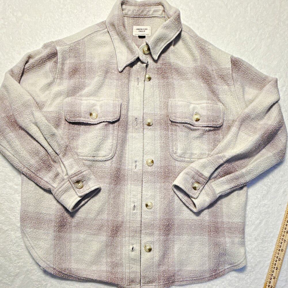 American Eagle Men's M Gray White Plaid Fleece Button-Up Shirt Jacket Pockets